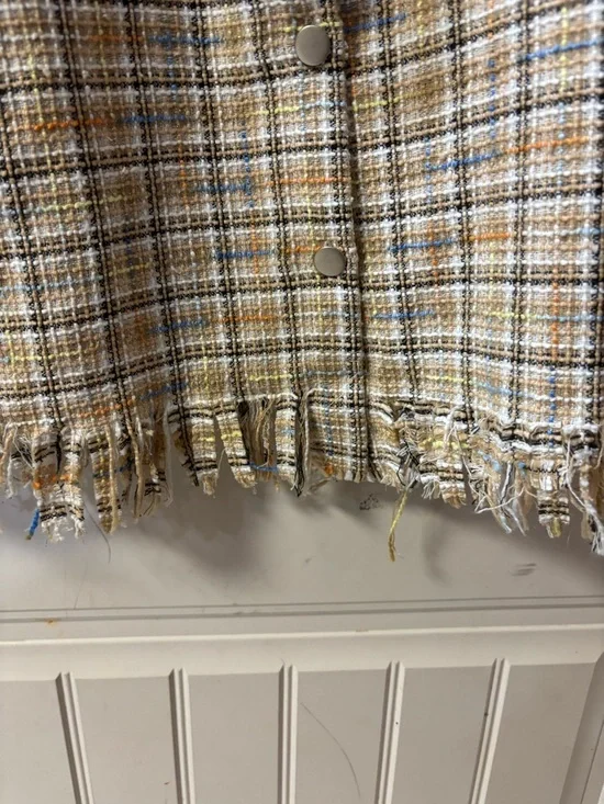 Dance & Marvel Plaid Tan Jacket with Light Blue Denim Sleeves - Picture 4 of 9